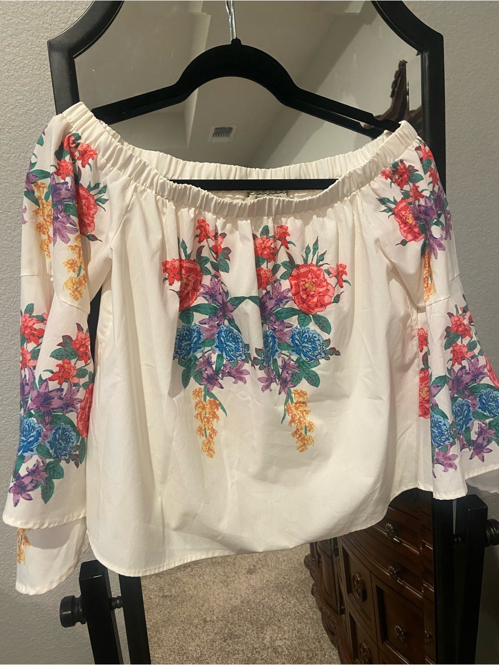 Flying Tomato Cream Off-Shoulder Crop Top with Multicolor Floral Print